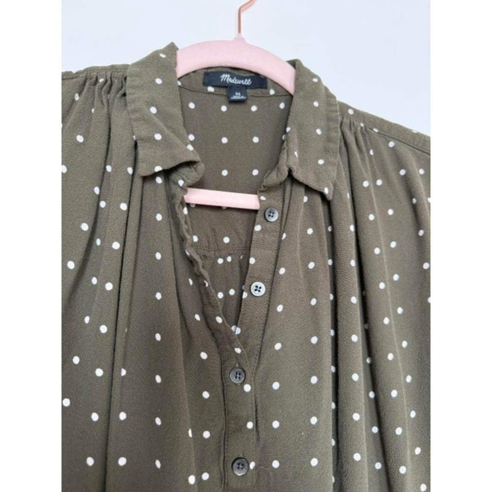 Madewell Olive Green Polka Dot Blouse | Draped Henley Top | Size XS - Picture 2 of 10